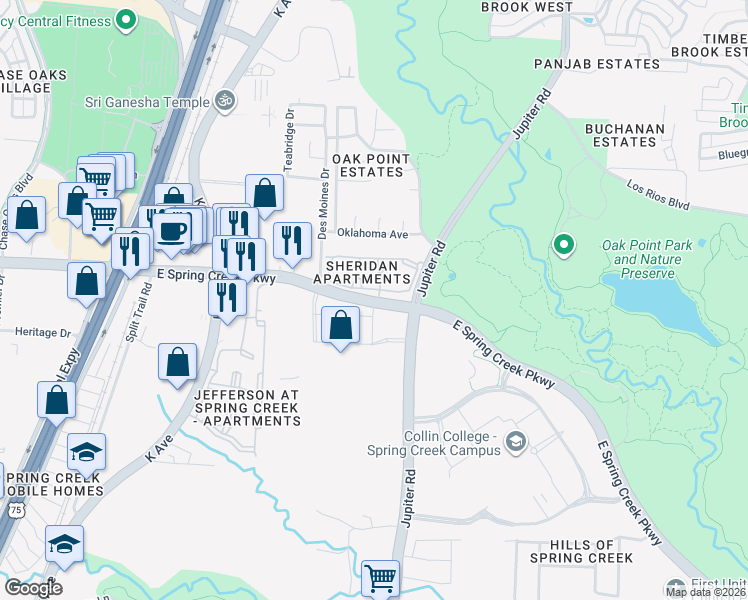 map of restaurants, bars, coffee shops, grocery stores, and more near 2015 East Spring Creek Parkway in Plano