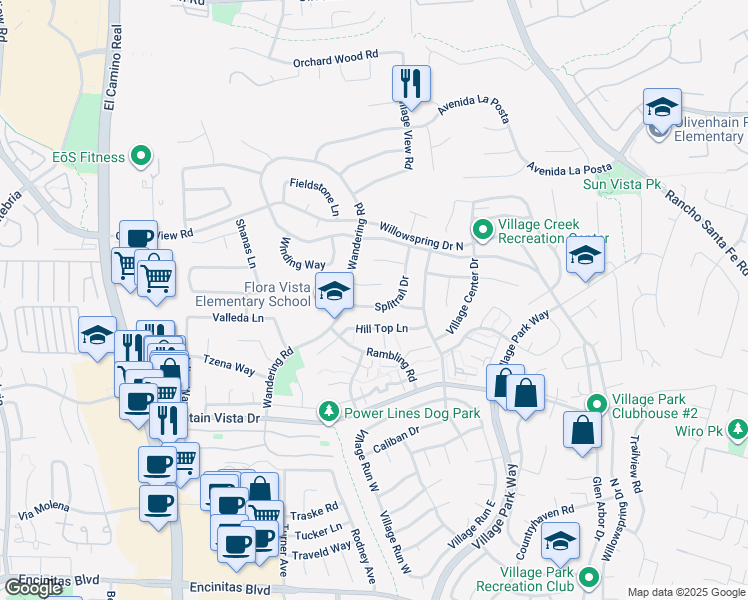 map of restaurants, bars, coffee shops, grocery stores, and more near 1655 Splitrail Drive in Encinitas