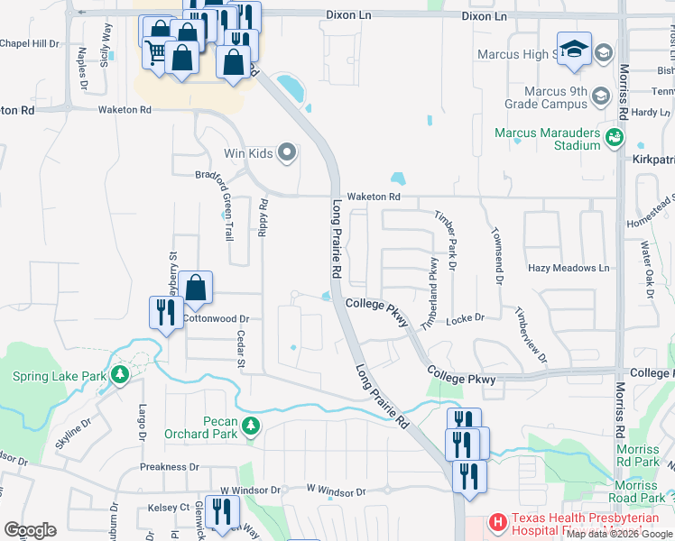 map of restaurants, bars, coffee shops, grocery stores, and more near 5160 Long Prairie Road in Flower Mound