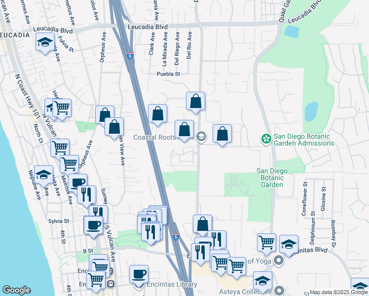 map of restaurants, bars, coffee shops, grocery stores, and more near 542 Sweet Pea Place in Encinitas