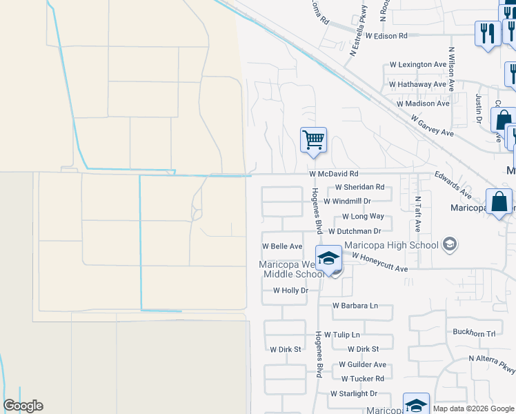 map of restaurants, bars, coffee shops, grocery stores, and more near 19366 Smith Drive in Maricopa