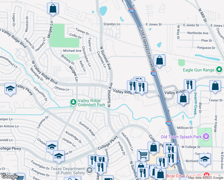 map of restaurants, bars, coffee shops, grocery stores, and more near 1402 Valley Ridge Boulevard in Lewisville