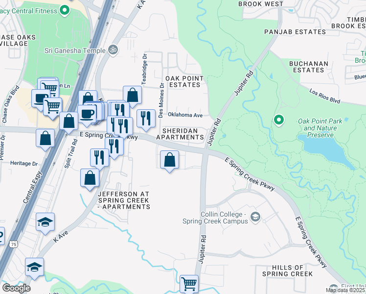 map of restaurants, bars, coffee shops, grocery stores, and more near 2015 East Spring Creek Parkway in Plano