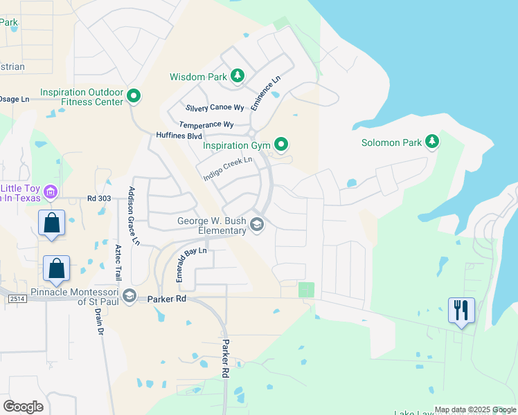 map of restaurants, bars, coffee shops, grocery stores, and more near 1725 Journey Forth Trail in Wylie