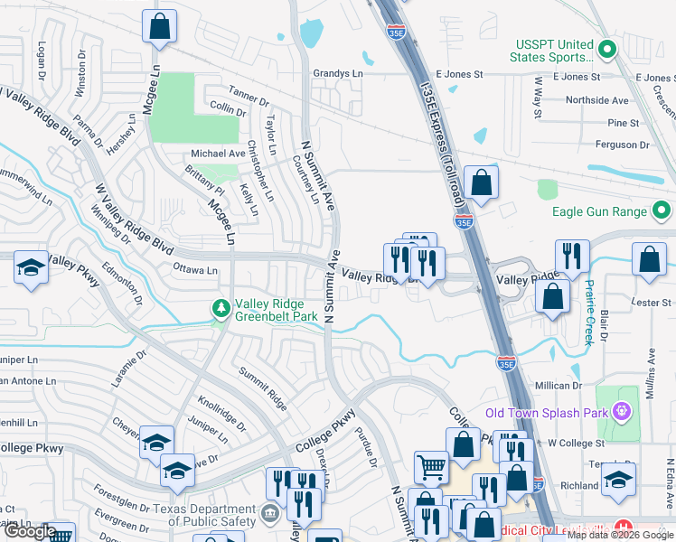 map of restaurants, bars, coffee shops, grocery stores, and more near 1404 Valley Ridge Boulevard in Lewisville