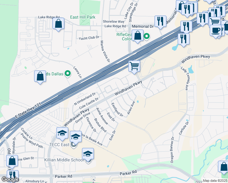 map of restaurants, bars, coffee shops, grocery stores, and more near 3001 Bans Crown Boulevard in The Colony