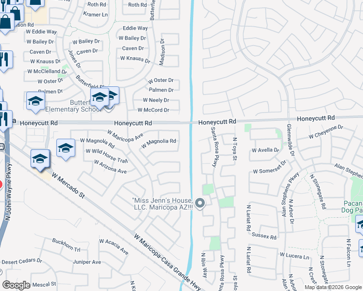 map of restaurants, bars, coffee shops, grocery stores, and more near 19467 North Leland Road in Maricopa