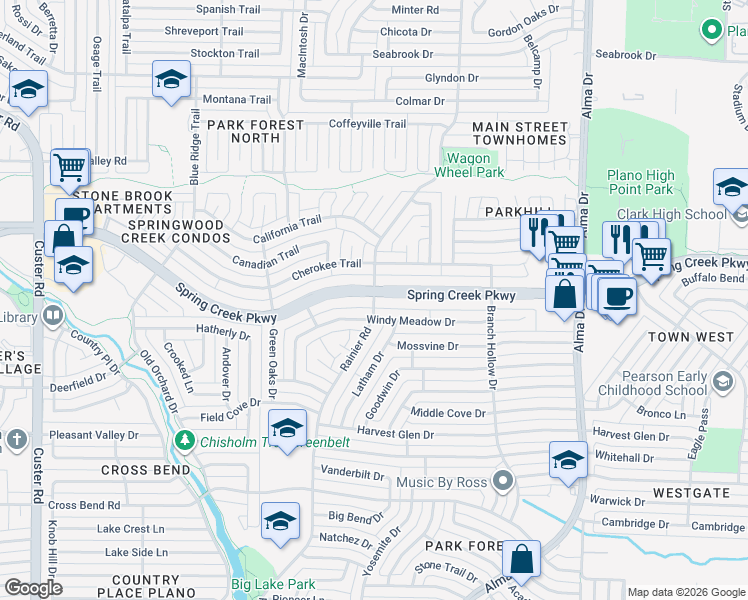 map of restaurants, bars, coffee shops, grocery stores, and more near Rainier Road in Plano