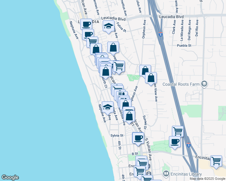map of restaurants, bars, coffee shops, grocery stores, and more near 386 North Coast Highway 101 in Encinitas