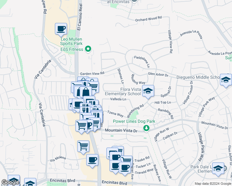 map of restaurants, bars, coffee shops, grocery stores, and more near 1410 Vanessa Circle in Encinitas