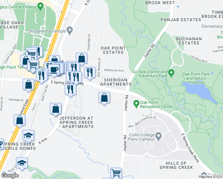 map of restaurants, bars, coffee shops, grocery stores, and more near 2009 East Spring Creek Parkway in Plano