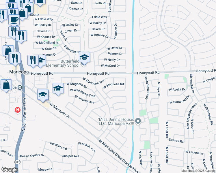 map of restaurants, bars, coffee shops, grocery stores, and more near 43439 West Magnolia Road in Maricopa