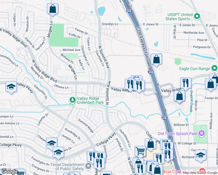 map of restaurants, bars, coffee shops, grocery stores, and more near 1500 Valley Ridge Boulevard in Lewisville