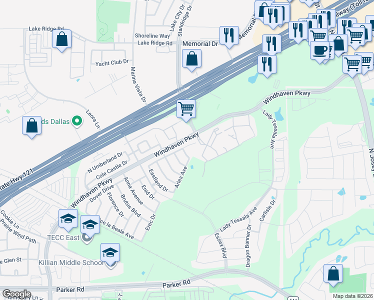 map of restaurants, bars, coffee shops, grocery stores, and more near 205 Vagon Castle Lane in Lewisville