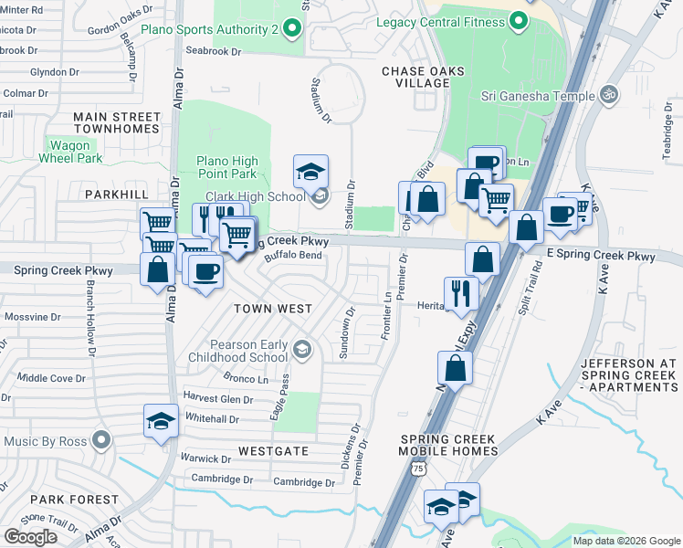 map of restaurants, bars, coffee shops, grocery stores, and more near 6013 Eagle Pass in Plano