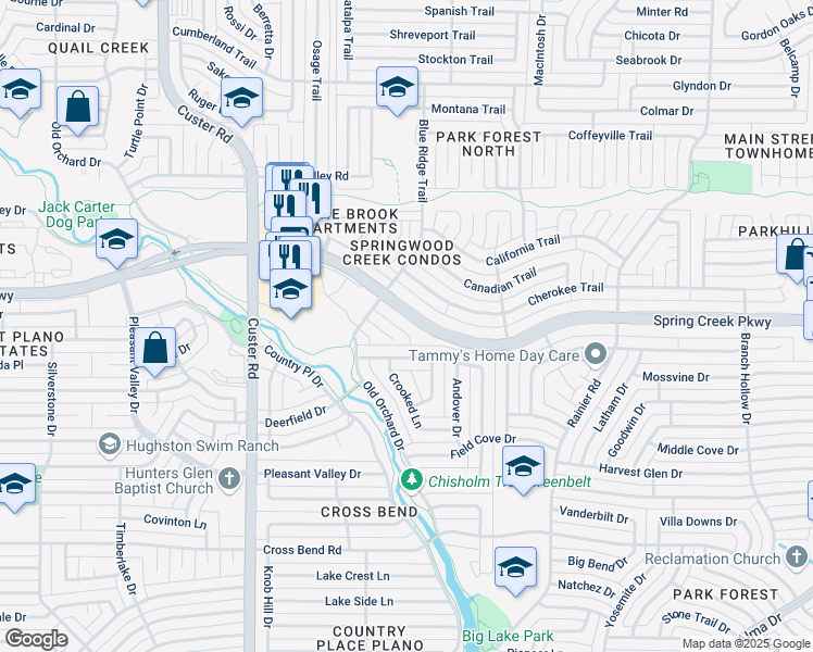 map of restaurants, bars, coffee shops, grocery stores, and more near 1712 Spring Creek Parkway in Plano