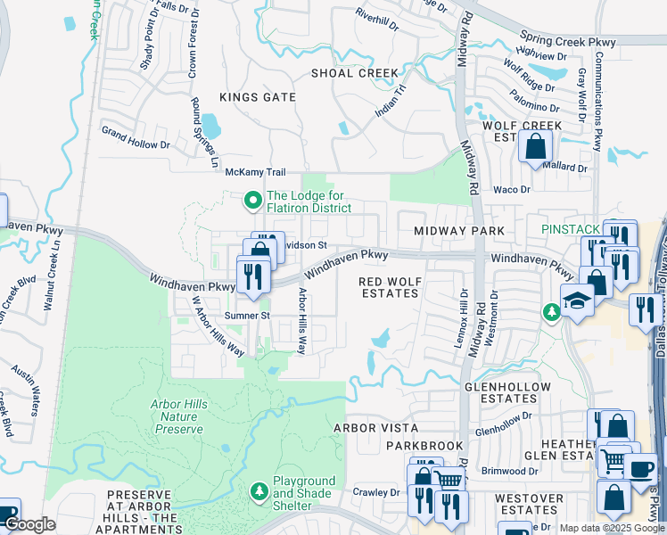 map of restaurants, bars, coffee shops, grocery stores, and more near 6760 Windhaven Parkway in The Colony