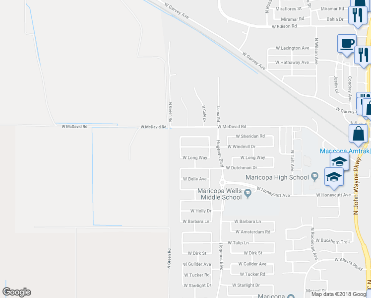 map of restaurants, bars, coffee shops, grocery stores, and more near 46165 West Windmill Drive in Maricopa