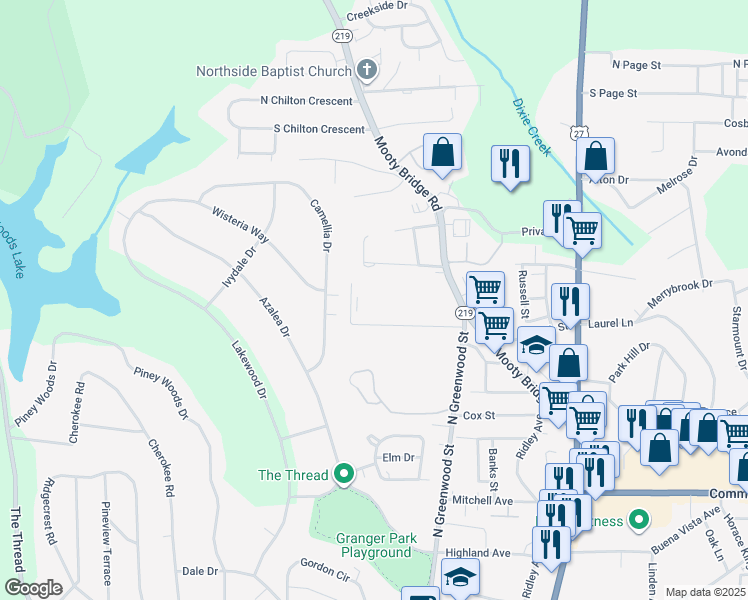 map of restaurants, bars, coffee shops, grocery stores, and more near 129 Sunset Street in LaGrange