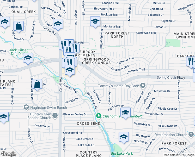 map of restaurants, bars, coffee shops, grocery stores, and more near 1712 Spring Creek Parkway in Plano