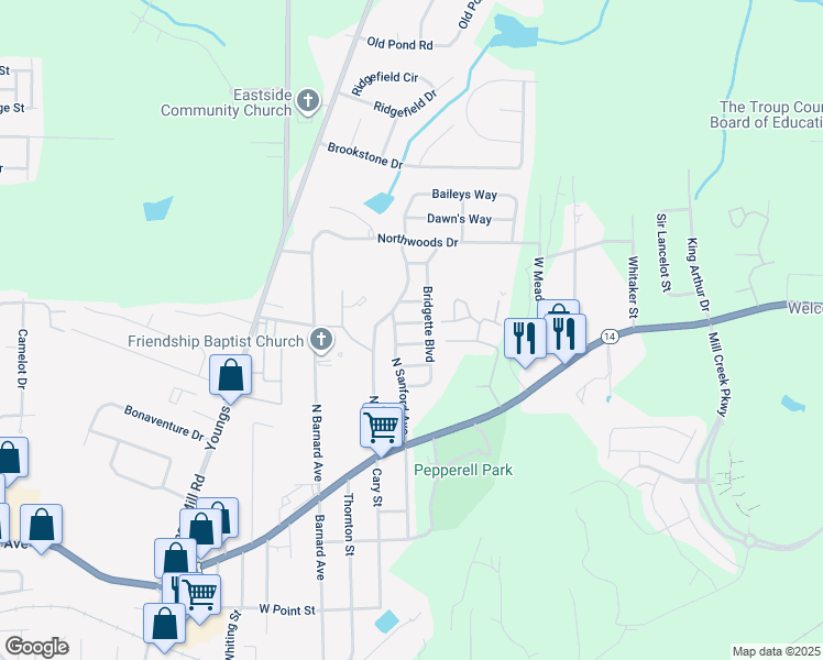 map of restaurants, bars, coffee shops, grocery stores, and more near 104 Sarah Lane in LaGrange
