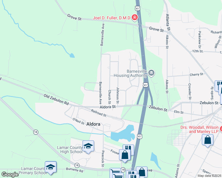 map of restaurants, bars, coffee shops, grocery stores, and more near 138 Johnson Street in Barnesville
