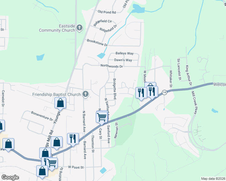 map of restaurants, bars, coffee shops, grocery stores, and more near 108 Sarah Lane in LaGrange