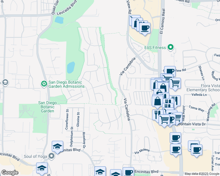 map of restaurants, bars, coffee shops, grocery stores, and more near 571 Lynwood Drive in Encinitas
