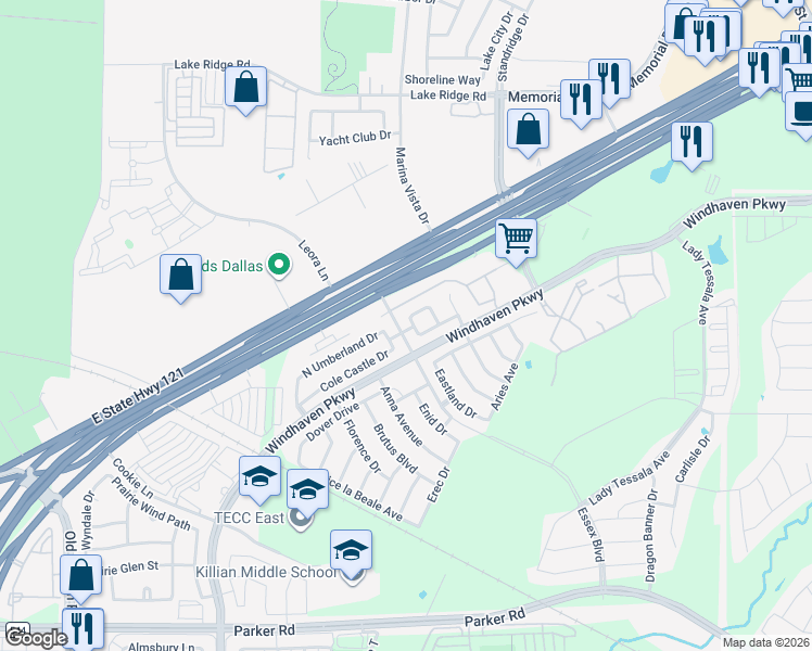 map of restaurants, bars, coffee shops, grocery stores, and more near 108 Liones Lane in Lewisville