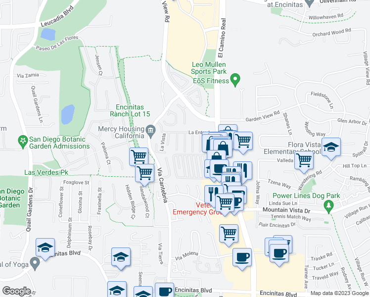 map of restaurants, bars, coffee shops, grocery stores, and more near Loma Verde in Encinitas
