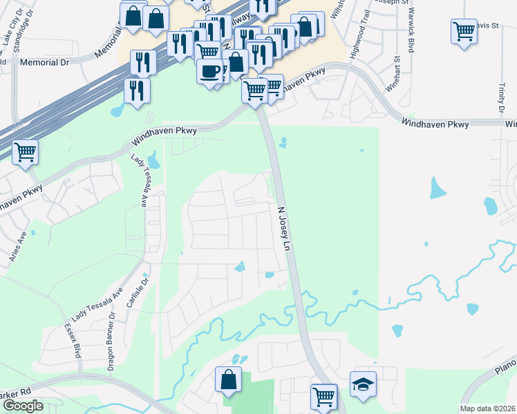 map of restaurants, bars, coffee shops, grocery stores, and more near 3245 Lakewood Bluffs Trail in Lewisville