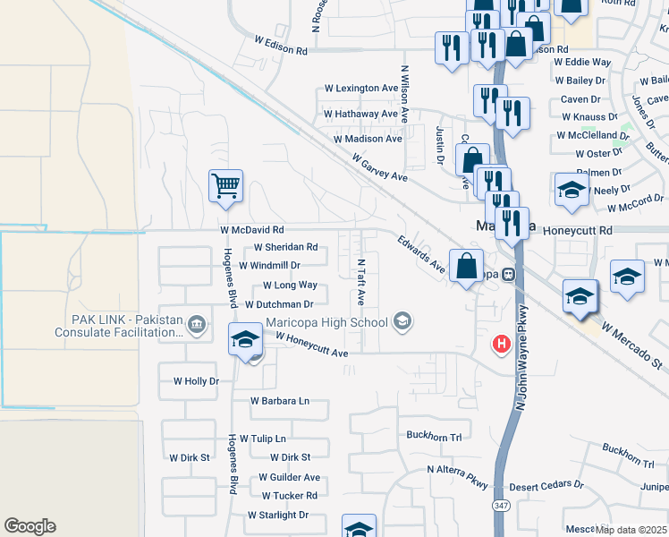 map of restaurants, bars, coffee shops, grocery stores, and more near 19499 North Madison Road in Maricopa