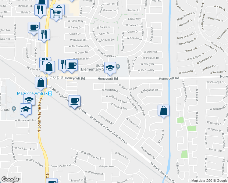 map of restaurants, bars, coffee shops, grocery stores, and more near 43805 West Magnolia Road in Maricopa