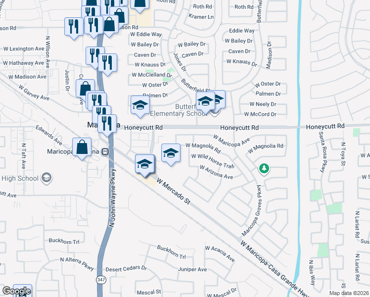 map of restaurants, bars, coffee shops, grocery stores, and more near 44030 West Magnolia Road in Maricopa