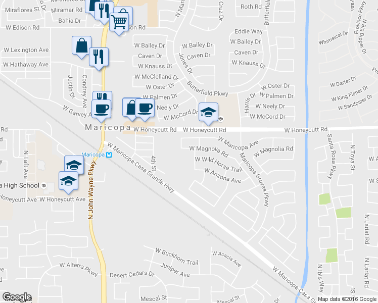 map of restaurants, bars, coffee shops, grocery stores, and more near 44009 West Magnolia Road in Maricopa