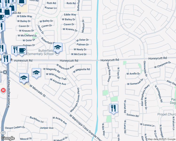 map of restaurants, bars, coffee shops, grocery stores, and more near 43243 West Magnolia Road in Maricopa
