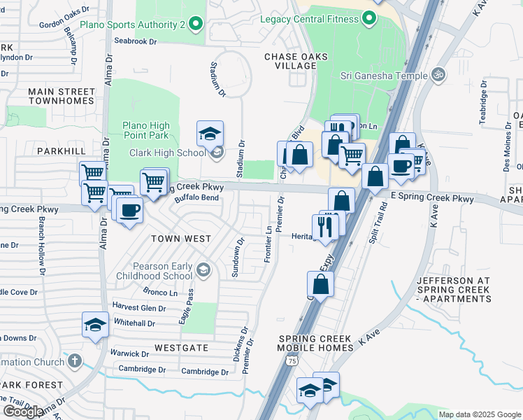 map of restaurants, bars, coffee shops, grocery stores, and more near 6020 Pinto Court in Plano