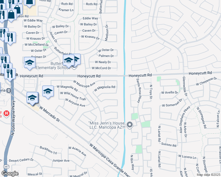 map of restaurants, bars, coffee shops, grocery stores, and more near 43275 West Magnolia Road in Maricopa