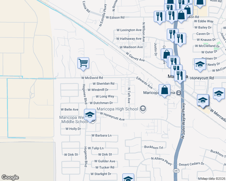 map of restaurants, bars, coffee shops, grocery stores, and more near 45583 West Sheridan Road in Maricopa
