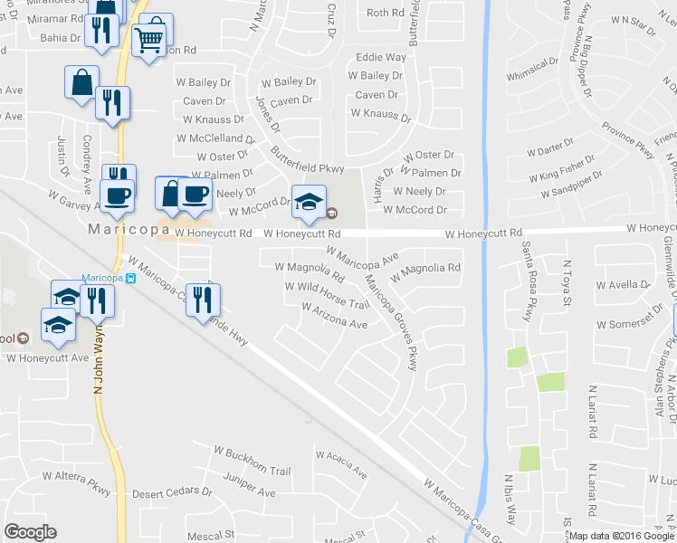 map of restaurants, bars, coffee shops, grocery stores, and more near 43736 West Magnolia Road in Maricopa