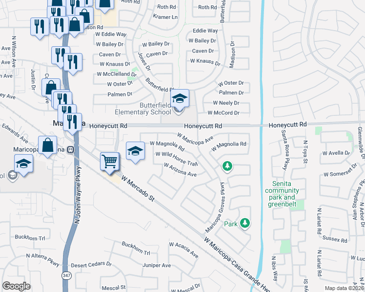 map of restaurants, bars, coffee shops, grocery stores, and more near 43736 West Magnolia Road in Maricopa