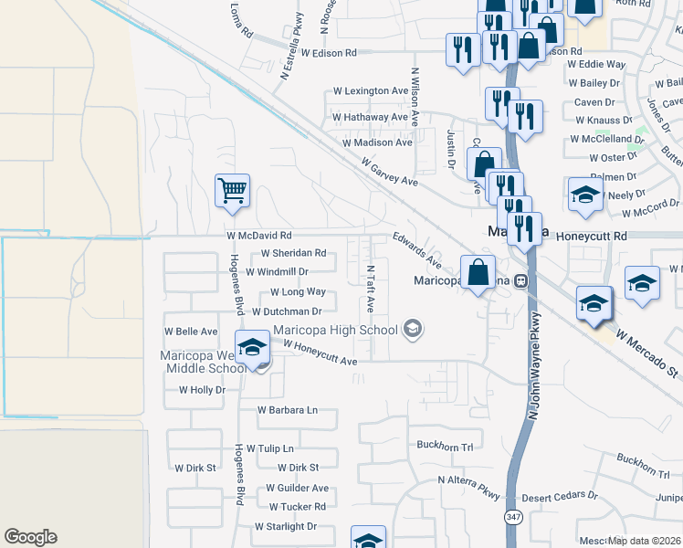 map of restaurants, bars, coffee shops, grocery stores, and more near 19443 North Madison Road in Maricopa