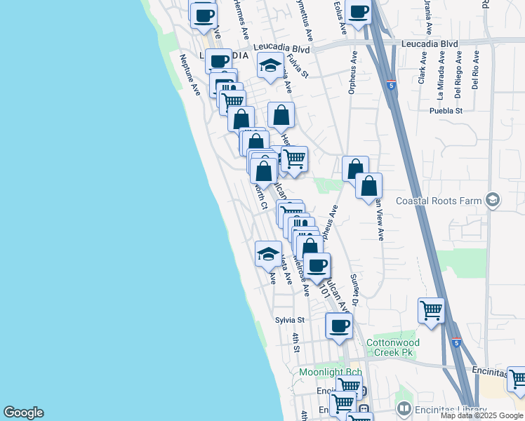 map of restaurants, bars, coffee shops, grocery stores, and more near 445 La Mesa Avenue in Encinitas