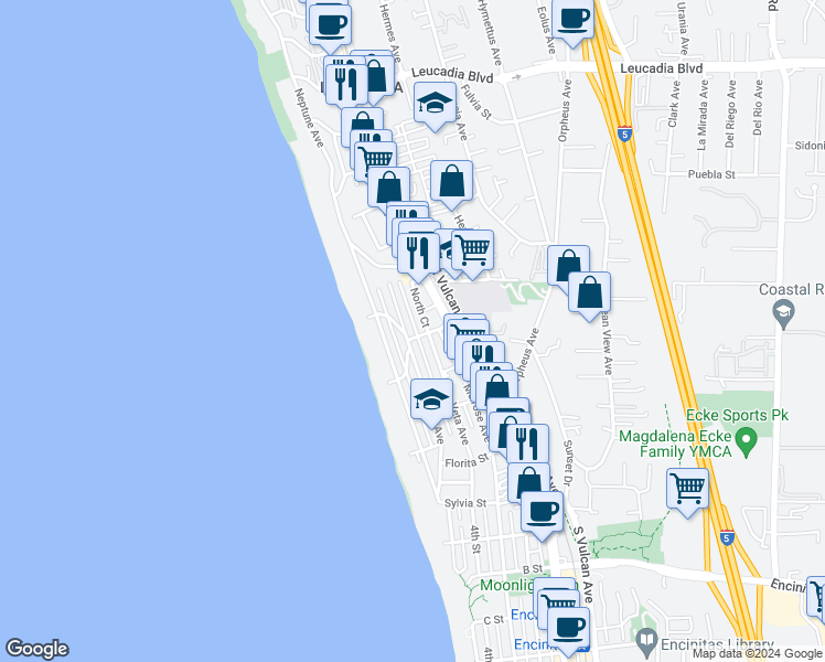 map of restaurants, bars, coffee shops, grocery stores, and more near 411 La Mesa Avenue in Encinitas