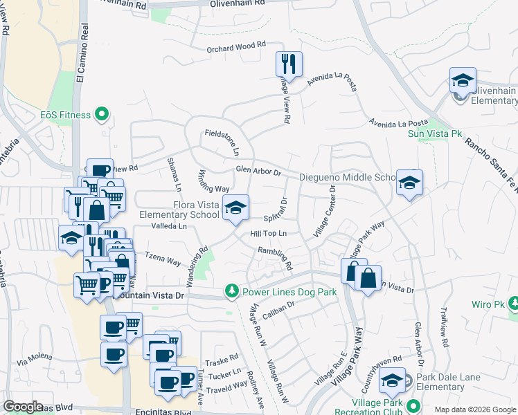map of restaurants, bars, coffee shops, grocery stores, and more near 1634 Cottage Glen Court in Encinitas