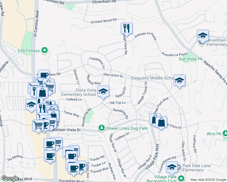 map of restaurants, bars, coffee shops, grocery stores, and more near 1634 Cottage Glen Court in Encinitas