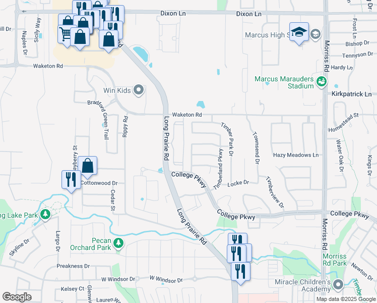 map of restaurants, bars, coffee shops, grocery stores, and more near 5210 Long Prairie Road in Flower Mound