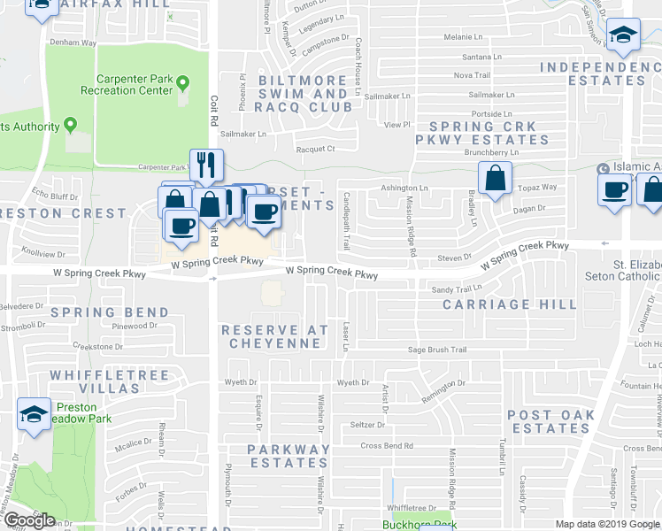 map of restaurants, bars, coffee shops, grocery stores, and more near 3701 W Spring Creek Pkwy in Plano
