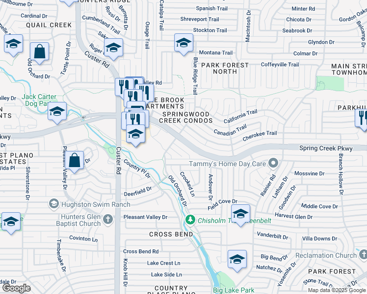 map of restaurants, bars, coffee shops, grocery stores, and more near 1712 Spring Creek Parkway in Plano