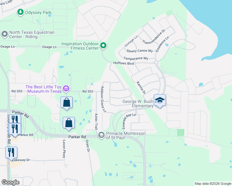 map of restaurants, bars, coffee shops, grocery stores, and more near 1515 Mariners Hope Way in Wylie